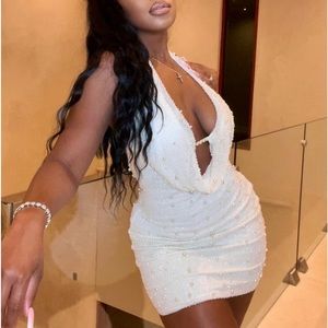 Deep Plunge Embellished Mini Dress